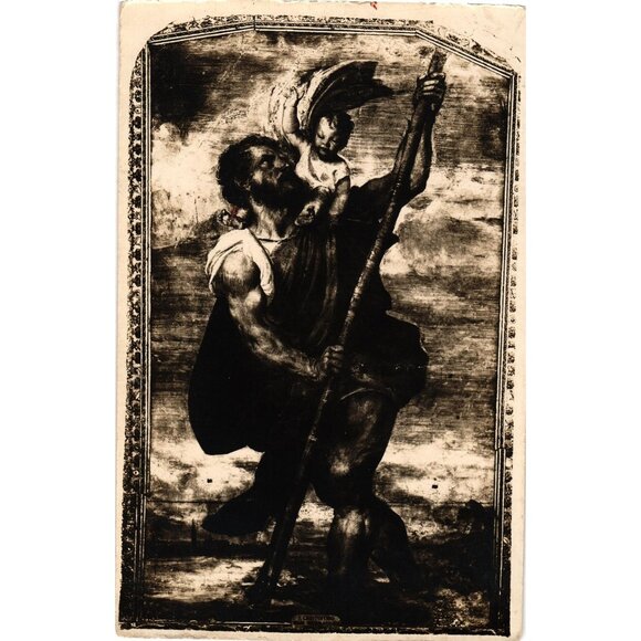 Saint Christopher Religious Vintage Postcard Black White Print Decorative Border - Picture 1 of 2
